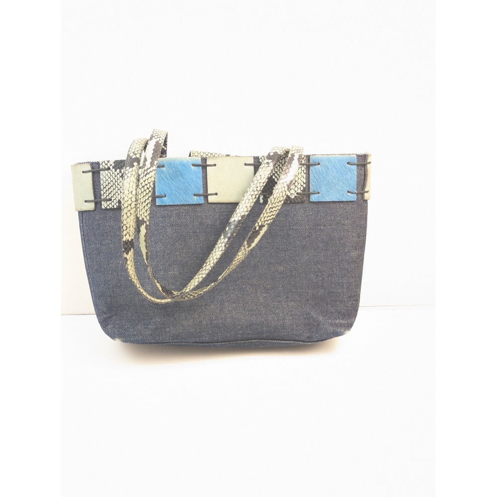 BERGE Denim Bag Blue Snake Print Handle Fur‎ Patchwork Unique Design Tote Purse